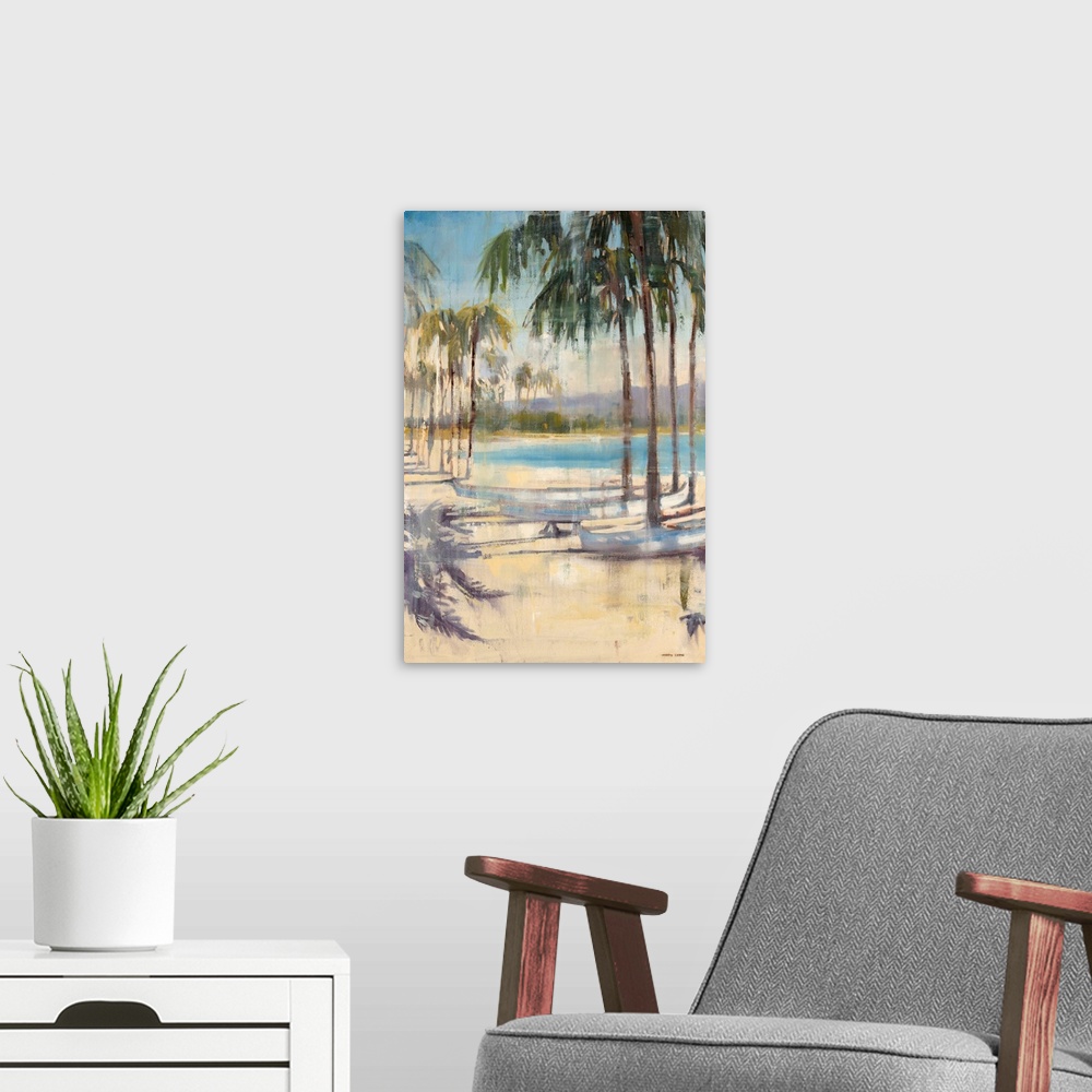 A modern room featuring Contemporary landscape painting of a tropical beach scene with tall palm trees and a few canoes w...