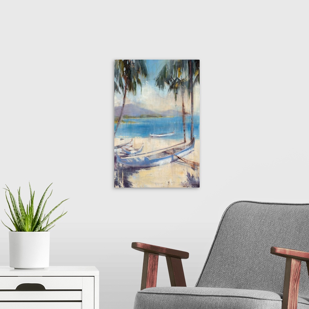 A modern room featuring Contemporary landscape painting of a tropical beach scene with tall palm trees and a few canoes w...