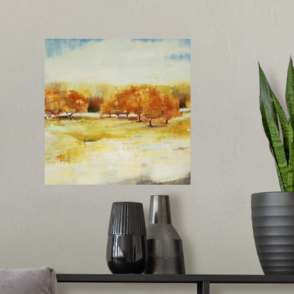 A modern room featuring Contemporary landscape painting looking out over autumn foliage.