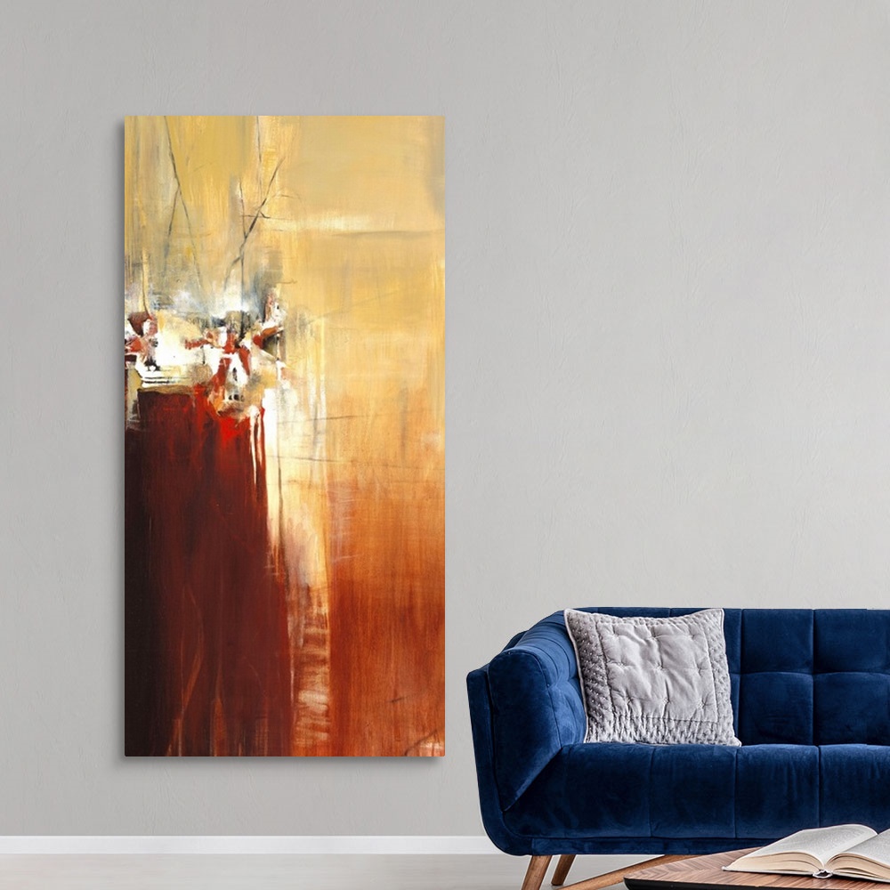 A modern room featuring Contemporary abstract painting using contrasting deep colors and intricate lines.