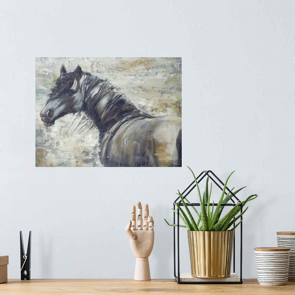 A bohemian room featuring Contemporary painting of a horse looking intently to its left with its mane blowing in the wind.