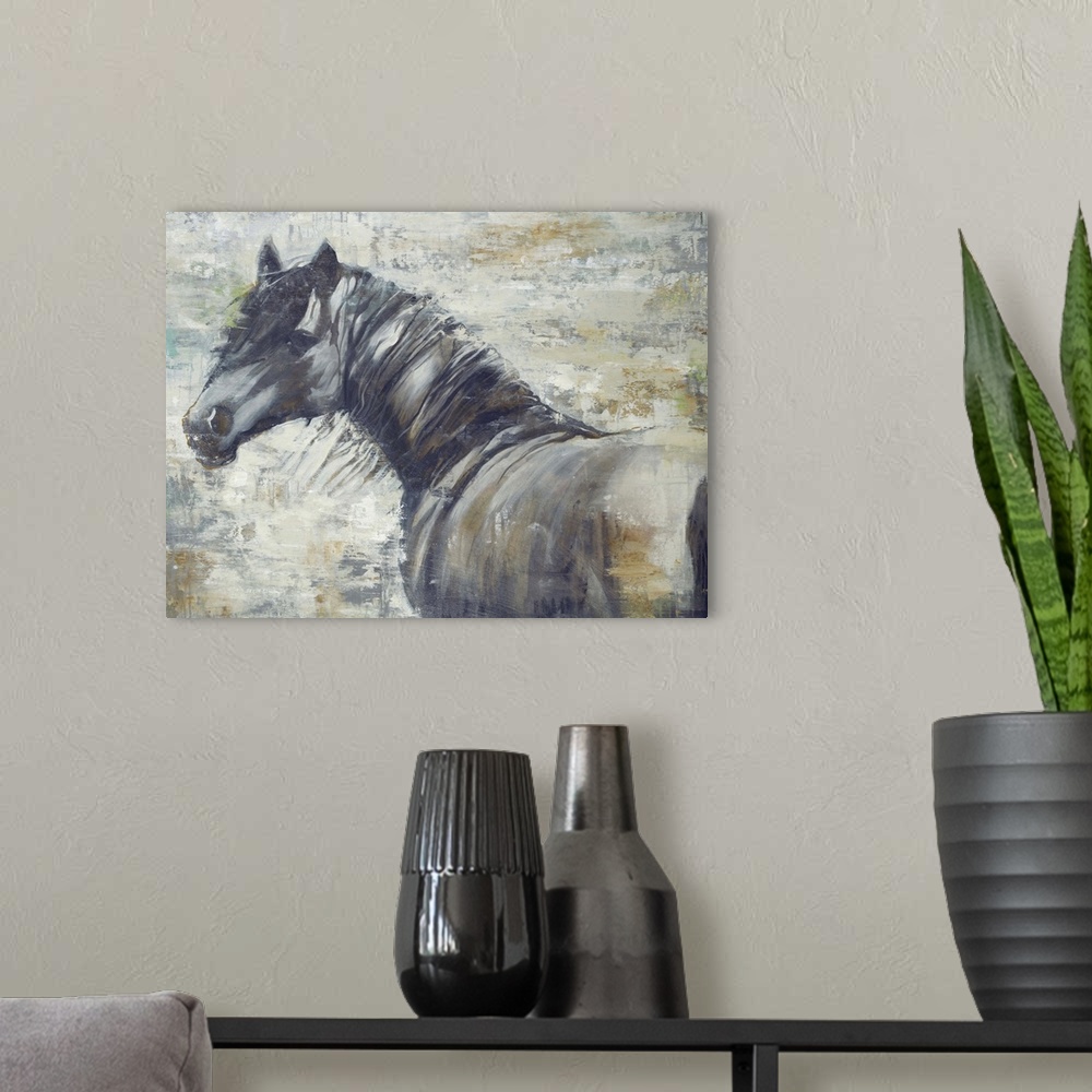 A modern room featuring Contemporary painting of a horse looking intently to its left with its mane blowing in the wind.
