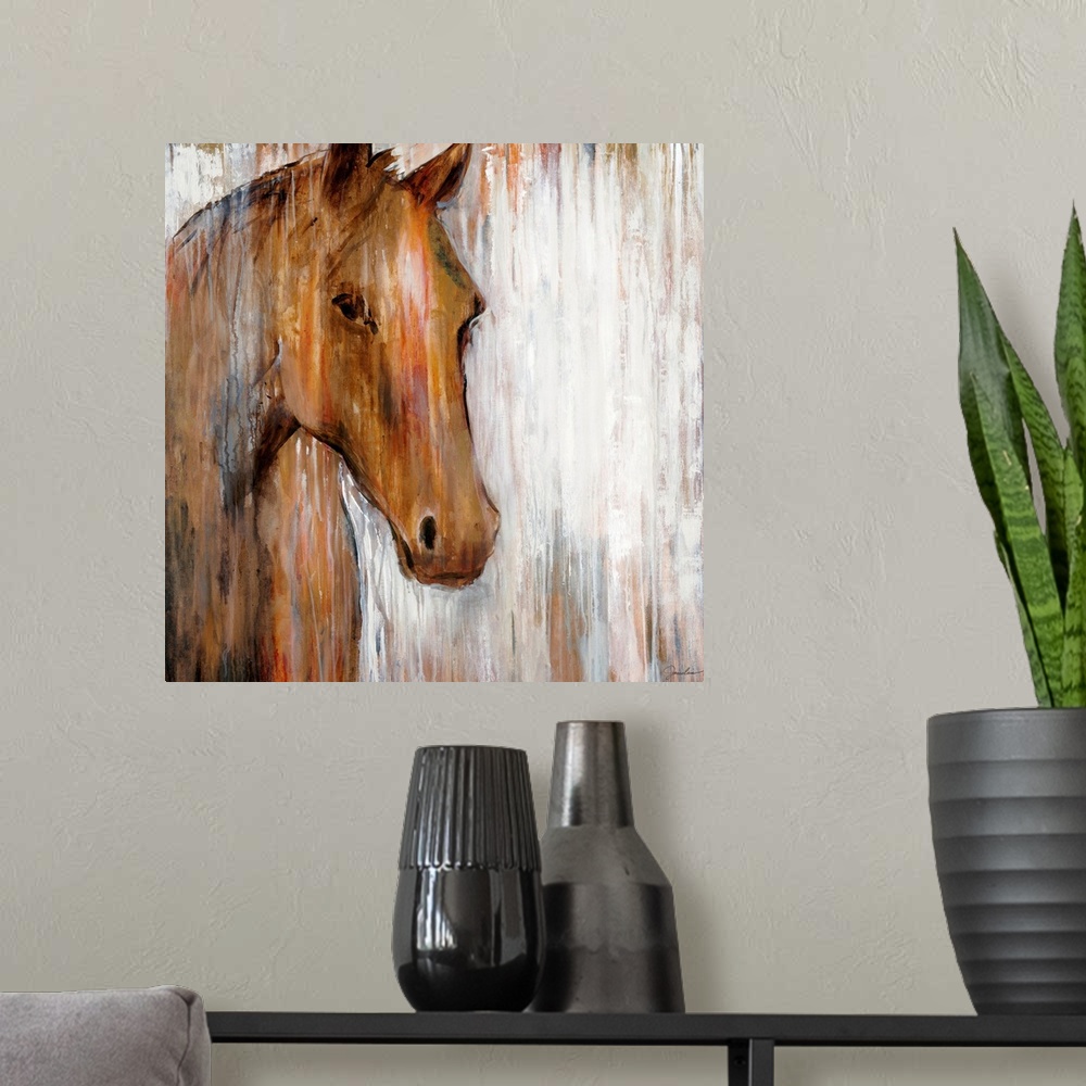 A modern room featuring Oversized wall art for the home or office this close up of a horseos head has abstract elements m...
