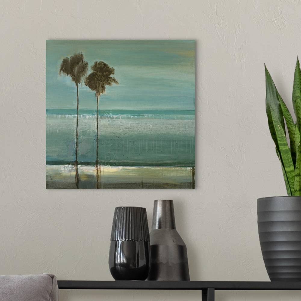 A modern room featuring A contemporary painting of two tall thin palm trees standing against a sea blue background.