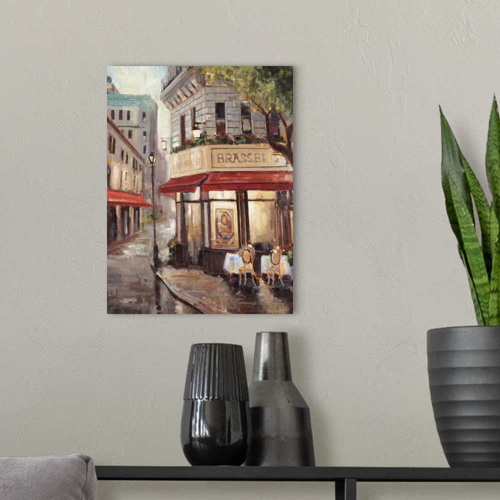 A modern room featuring Painting of a Parisian street cafe scene.