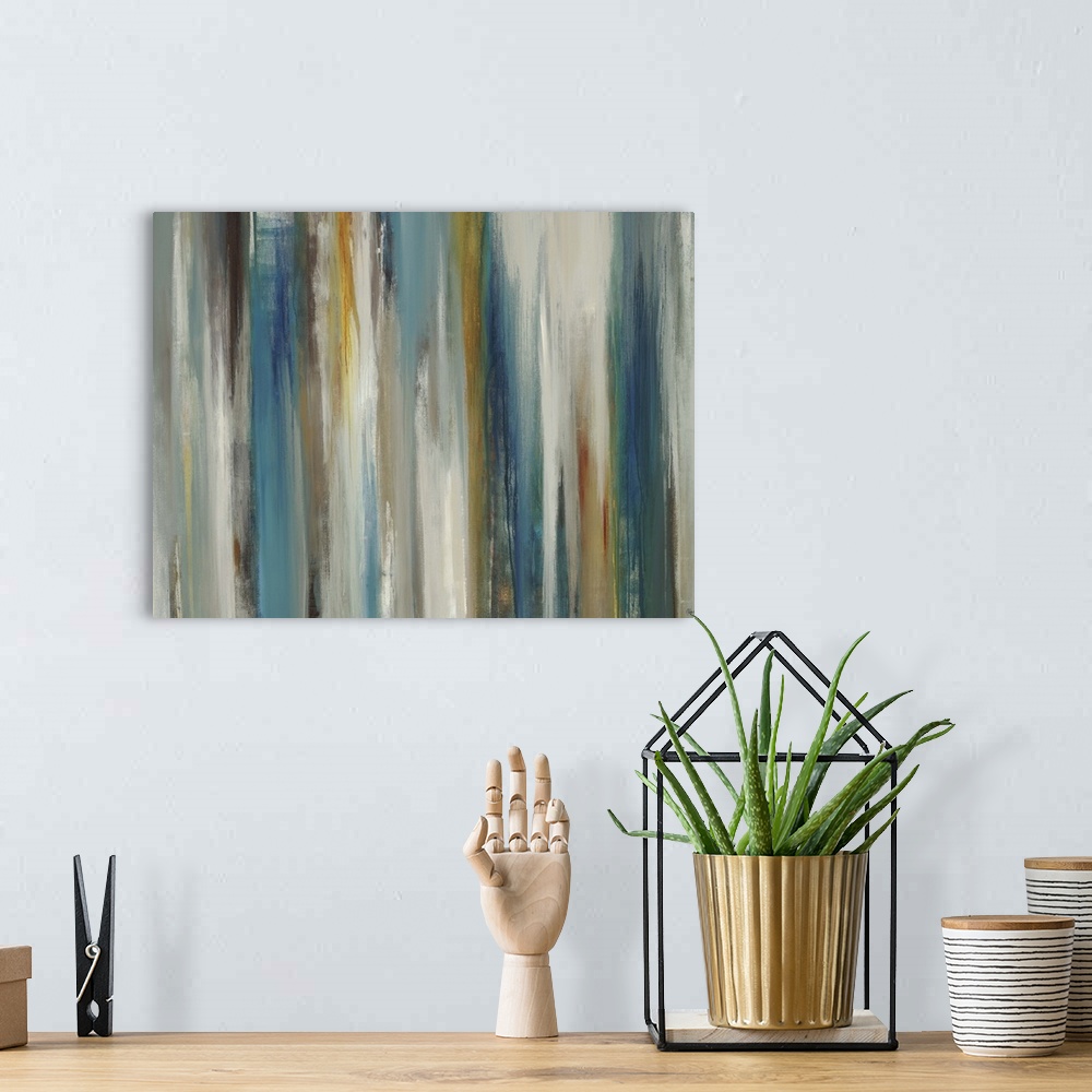 A bohemian room featuring Abstract painting using cool colors and neutral colors in vertical swipes.