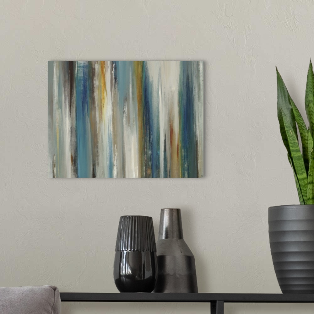 A modern room featuring Abstract painting using cool colors and neutral colors in vertical swipes.