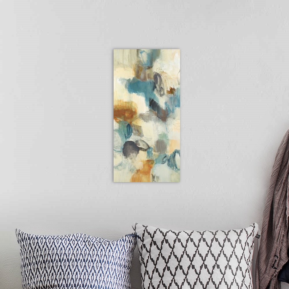 A bohemian room featuring Contemporary abstract painting using blue orange and gray tones against a beige background.