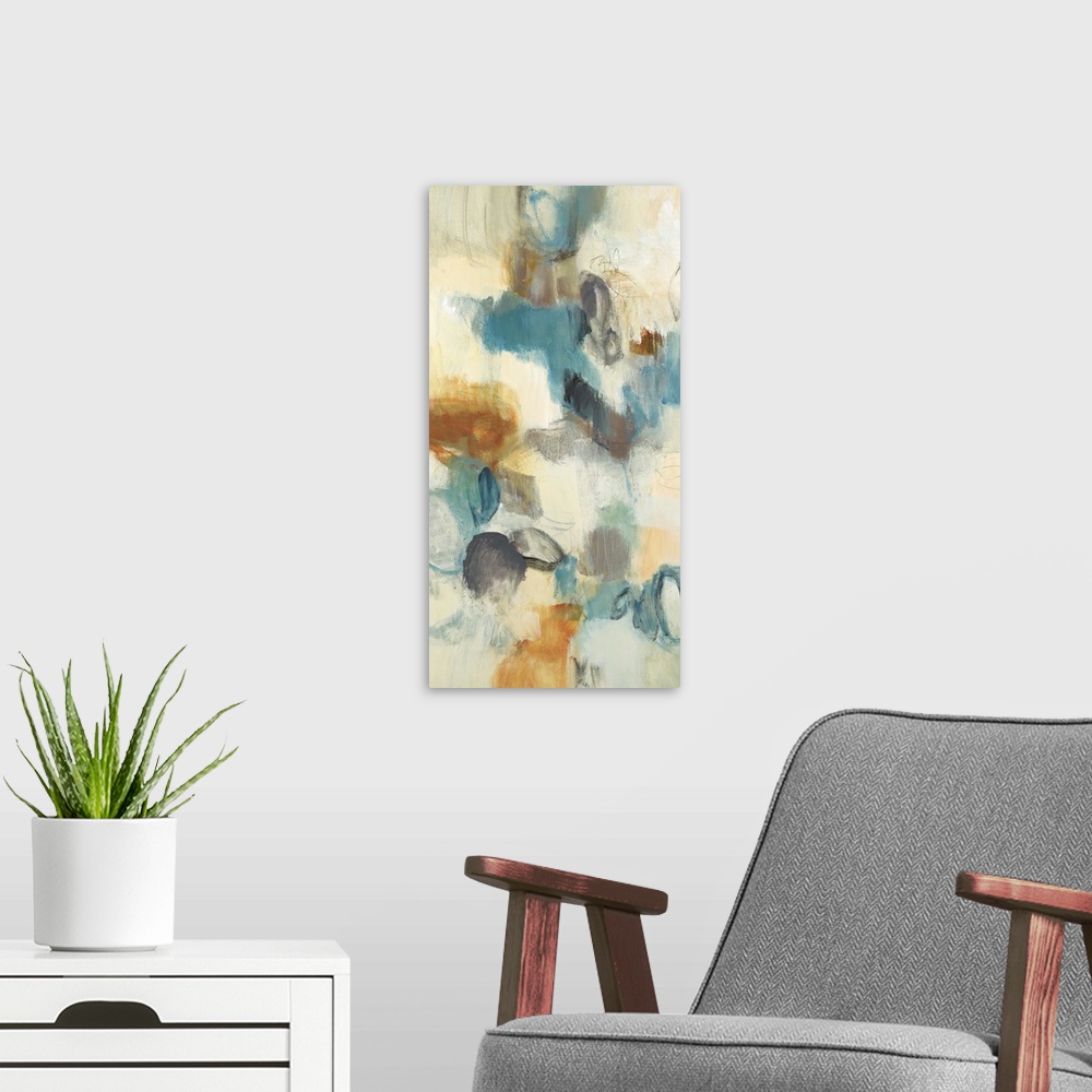A modern room featuring Contemporary abstract painting using blue orange and gray tones against a beige background.
