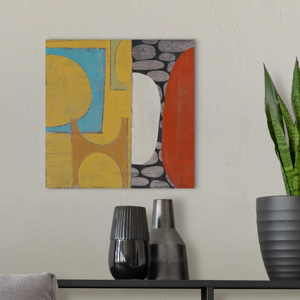 A modern room featuring A square abstract painting of curved lines and patterned shapes in primary colors.