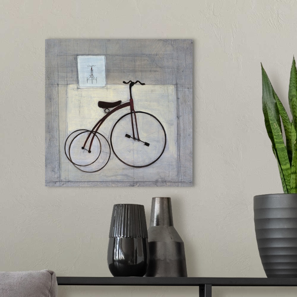 A modern room featuring Contemporary painting of large wheeled tricycle against a gray background.
