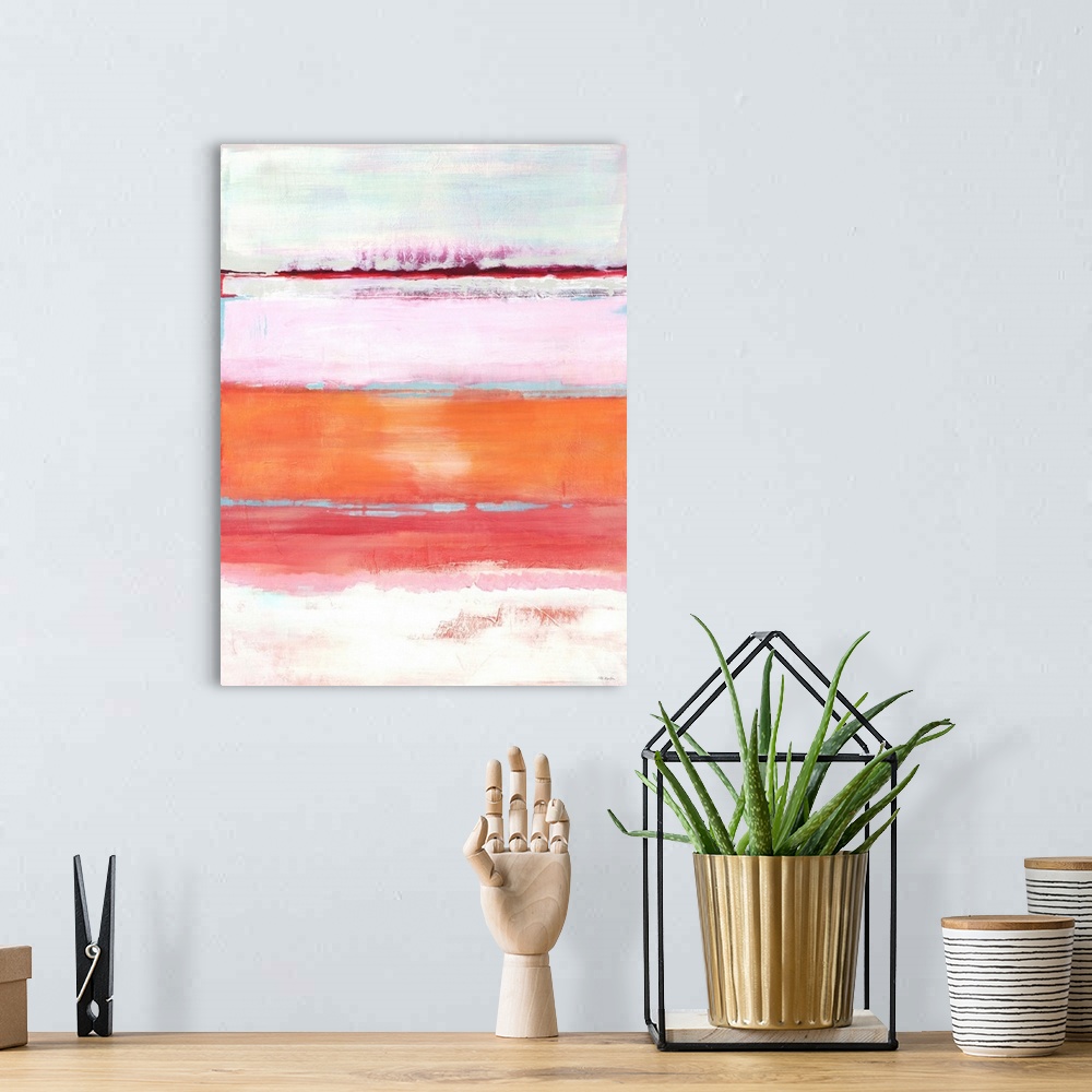 A bohemian room featuring Contemporary abstract painting using warm tones to convey a landscape.