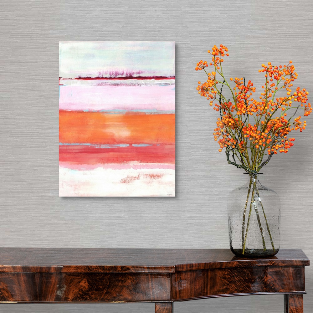 A traditional room featuring Contemporary abstract painting using warm tones to convey a landscape.