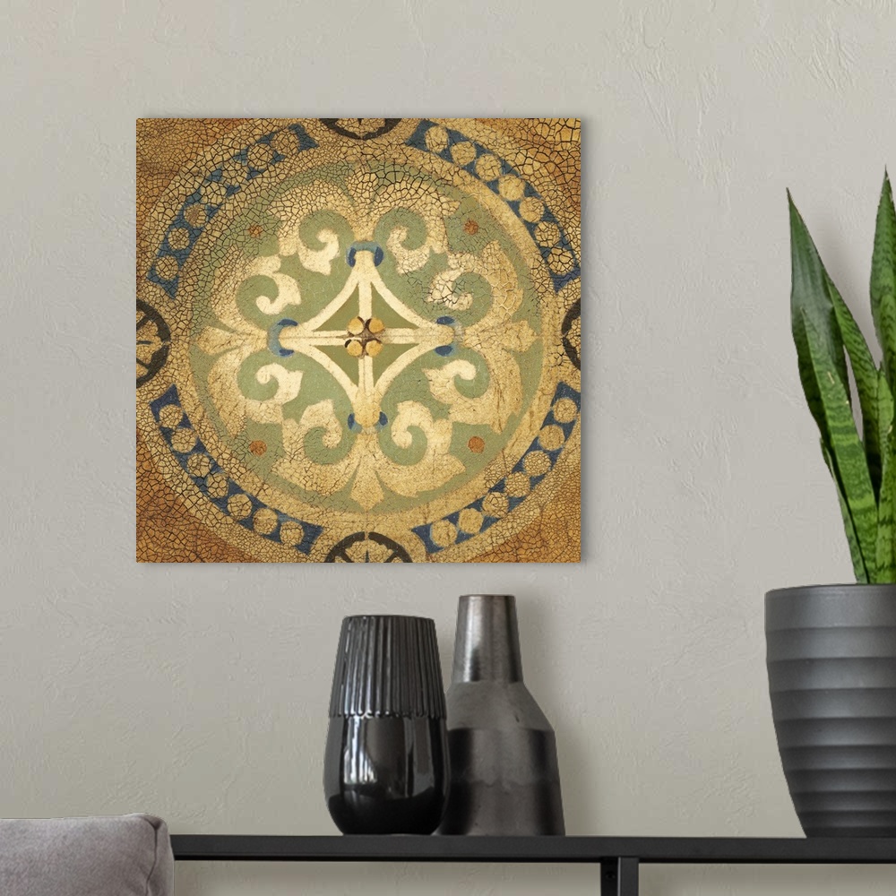 A modern room featuring Contemporary artwork of an antique tile that is crackling in all four corners.