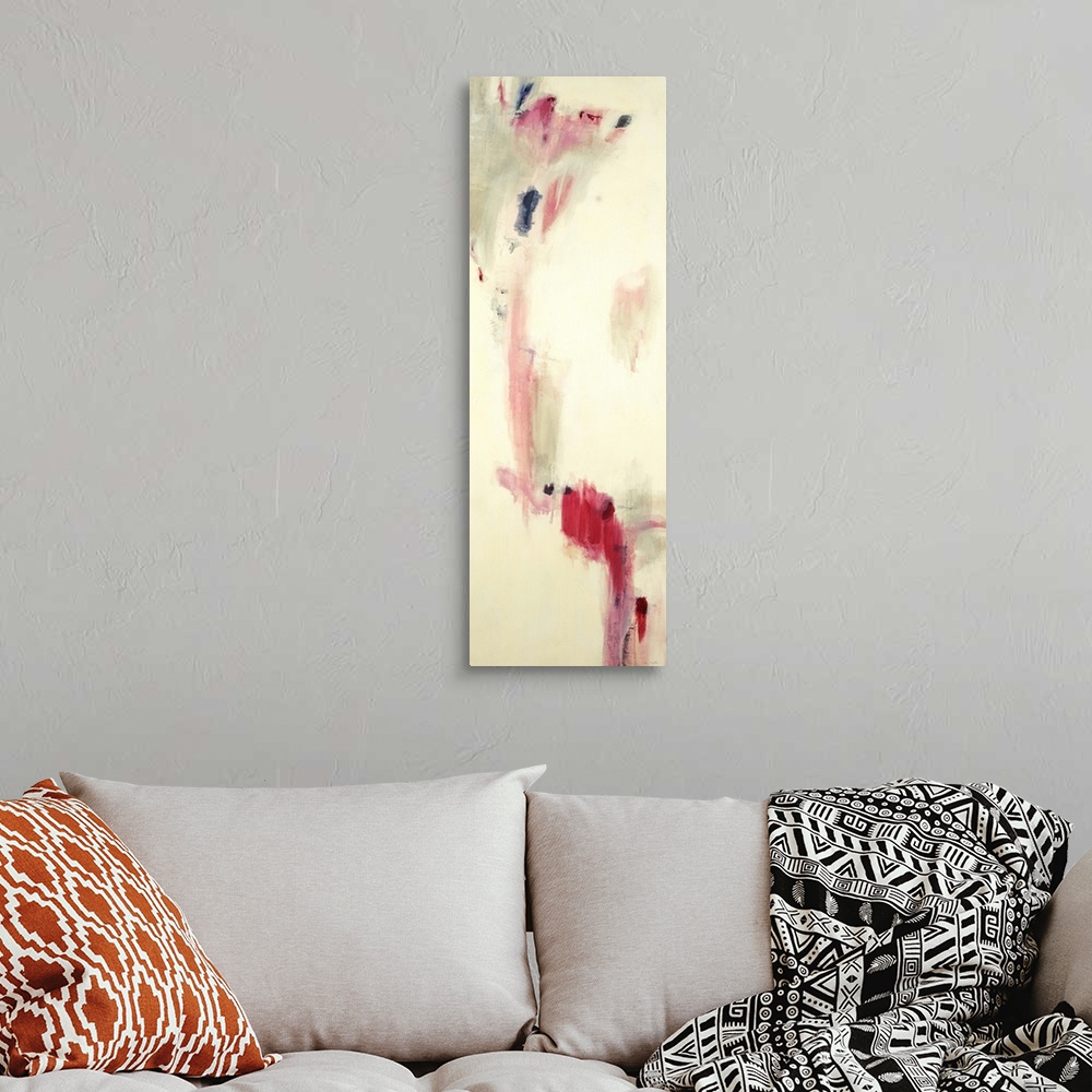 A bohemian room featuring Contemporary abstract painting using splashes of pink against a beige background.