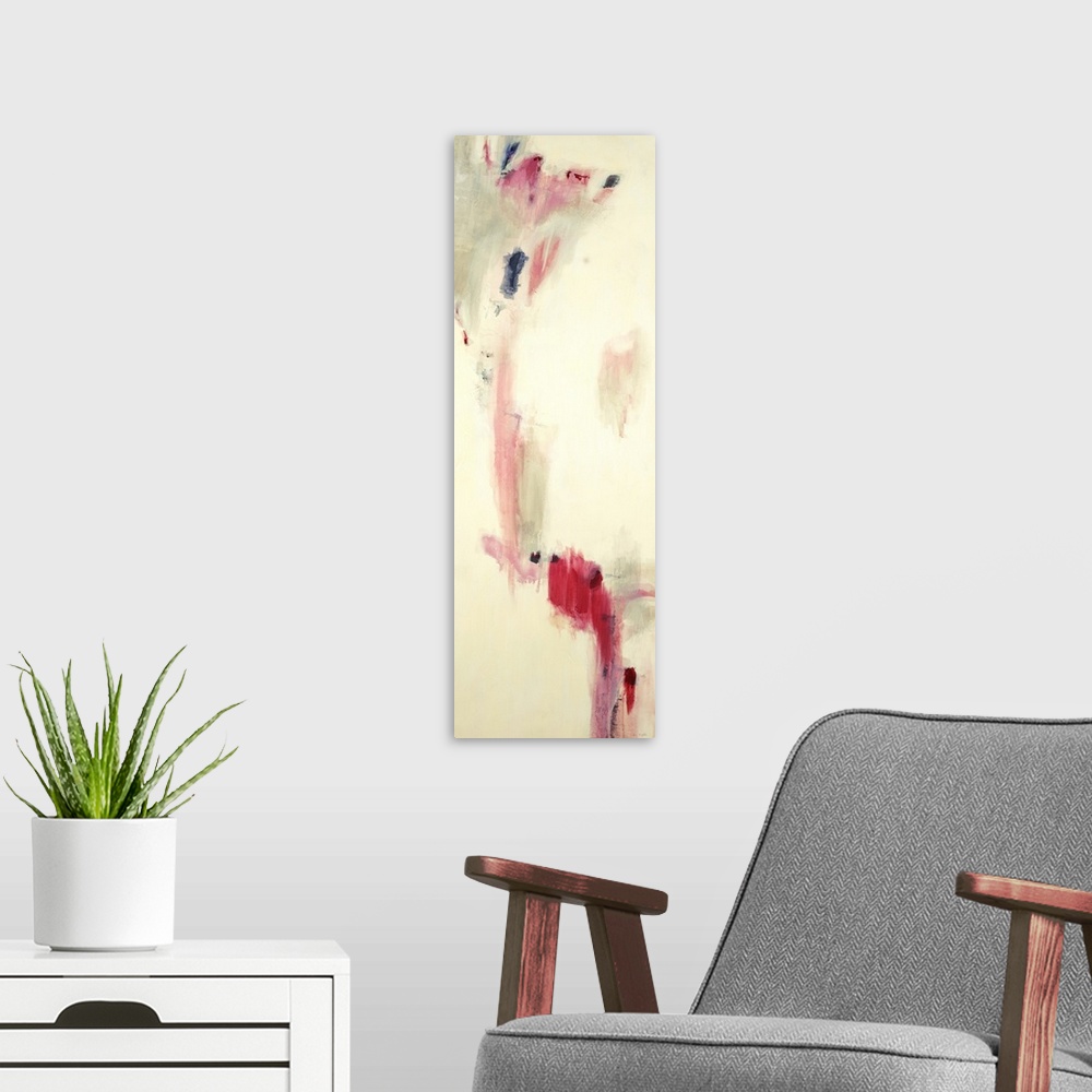 A modern room featuring Contemporary abstract painting using splashes of pink against a beige background.