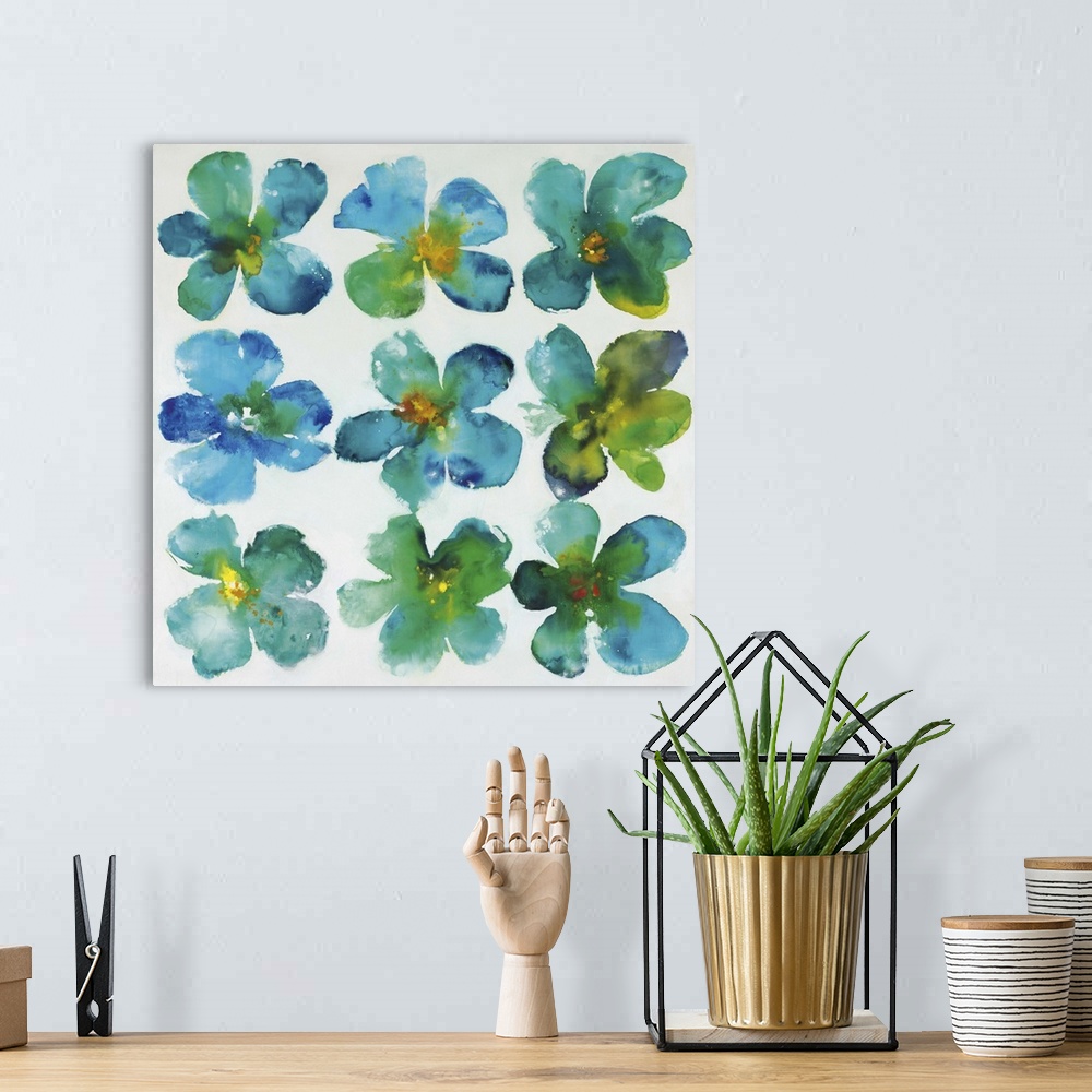 A bohemian room featuring Contemporary painting of blue-green flowers in rows.