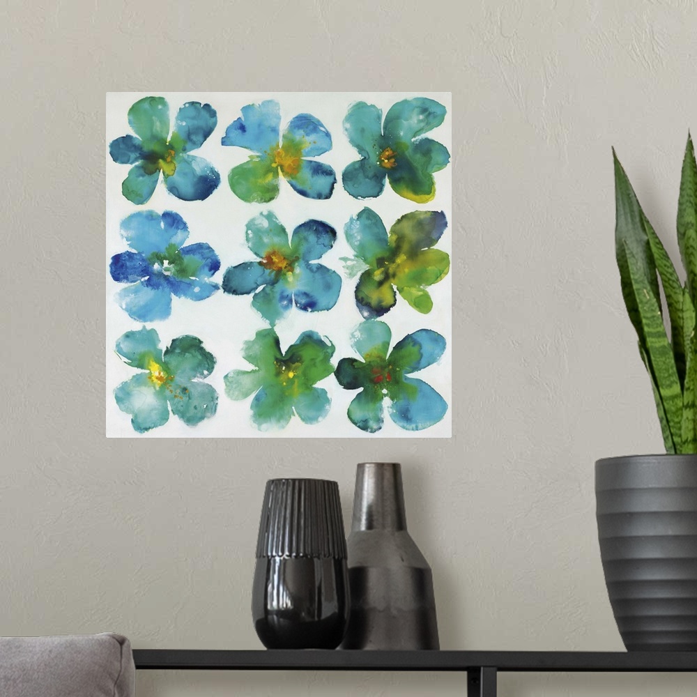 A modern room featuring Contemporary painting of blue-green flowers in rows.
