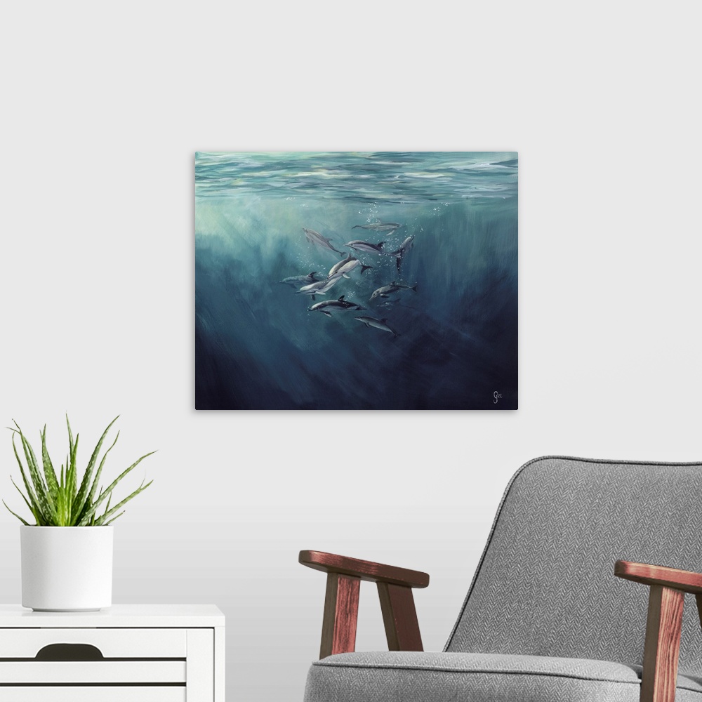 A modern room featuring Pod Of Dolphins