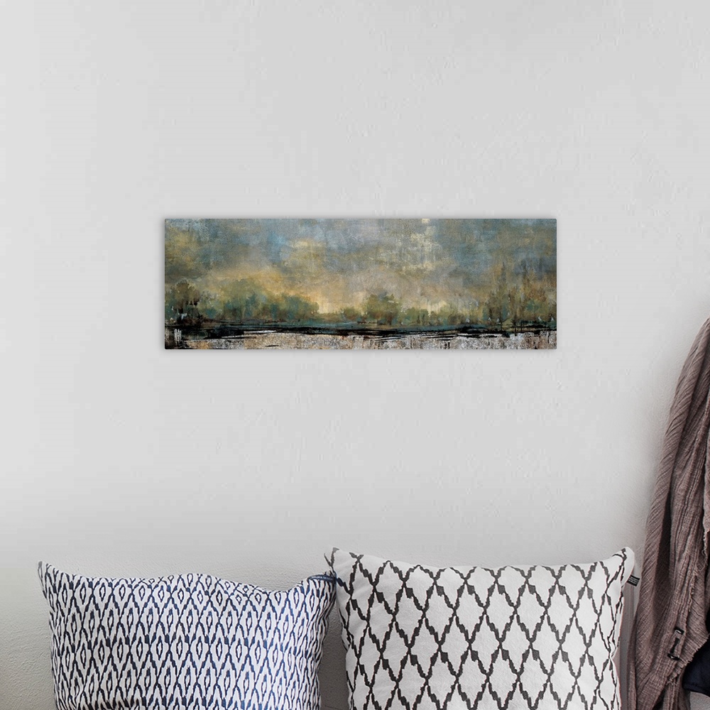 A bohemian room featuring Contemporary painting of a landscape in a dark pale tones.