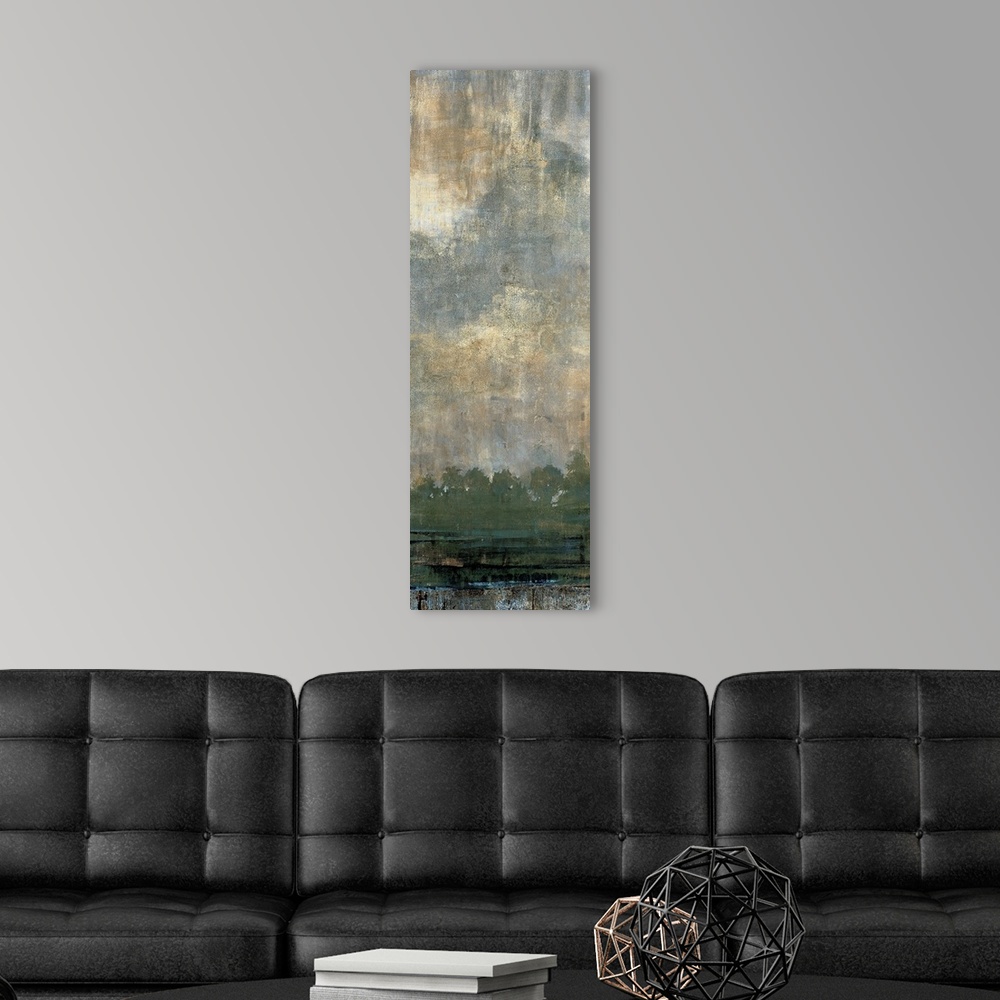 A modern room featuring Contemporary painting of a line of trees with green foliage under a cloud filled sky.