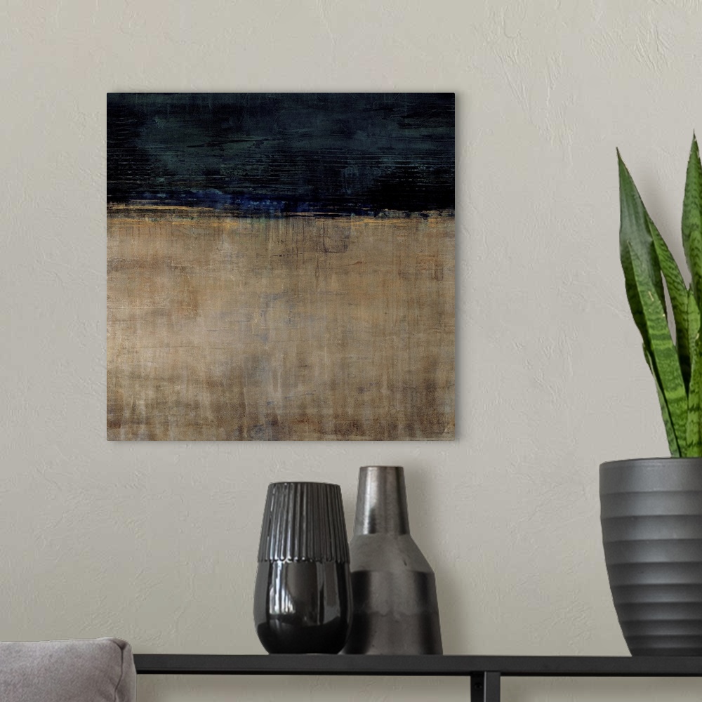 A modern room featuring Contemporary abstract painting using earth tones and dark blue to make a color field.
