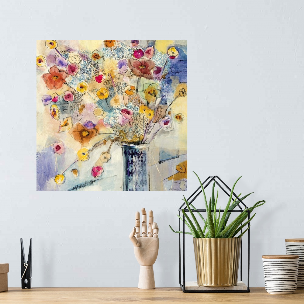 A bohemian room featuring Big, square floral artwork of a vase sitting on a counter, full of long stemmed, assorted flowers...