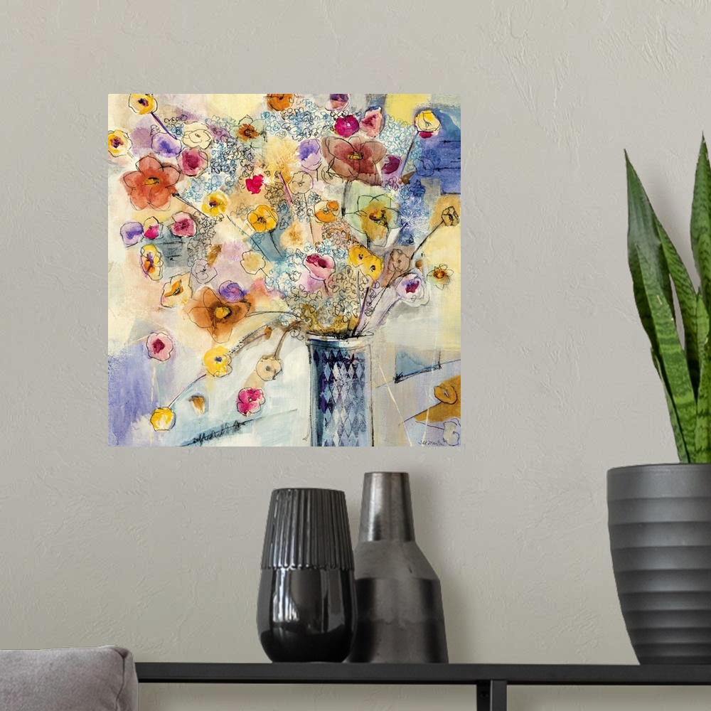 A modern room featuring Big, square floral artwork of a vase sitting on a counter, full of long stemmed, assorted flowers...