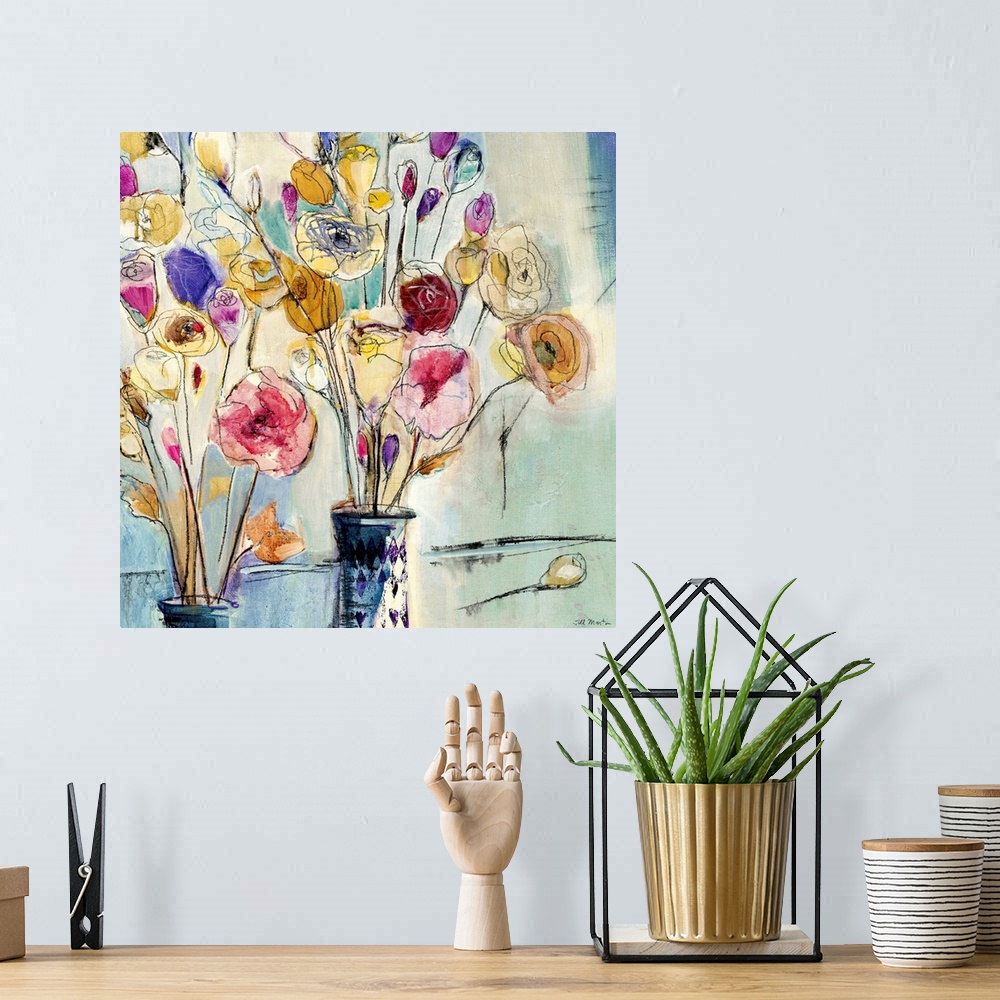 A bohemian room featuring Ink and watercolor artwork of flowers in vases printed on canvas.