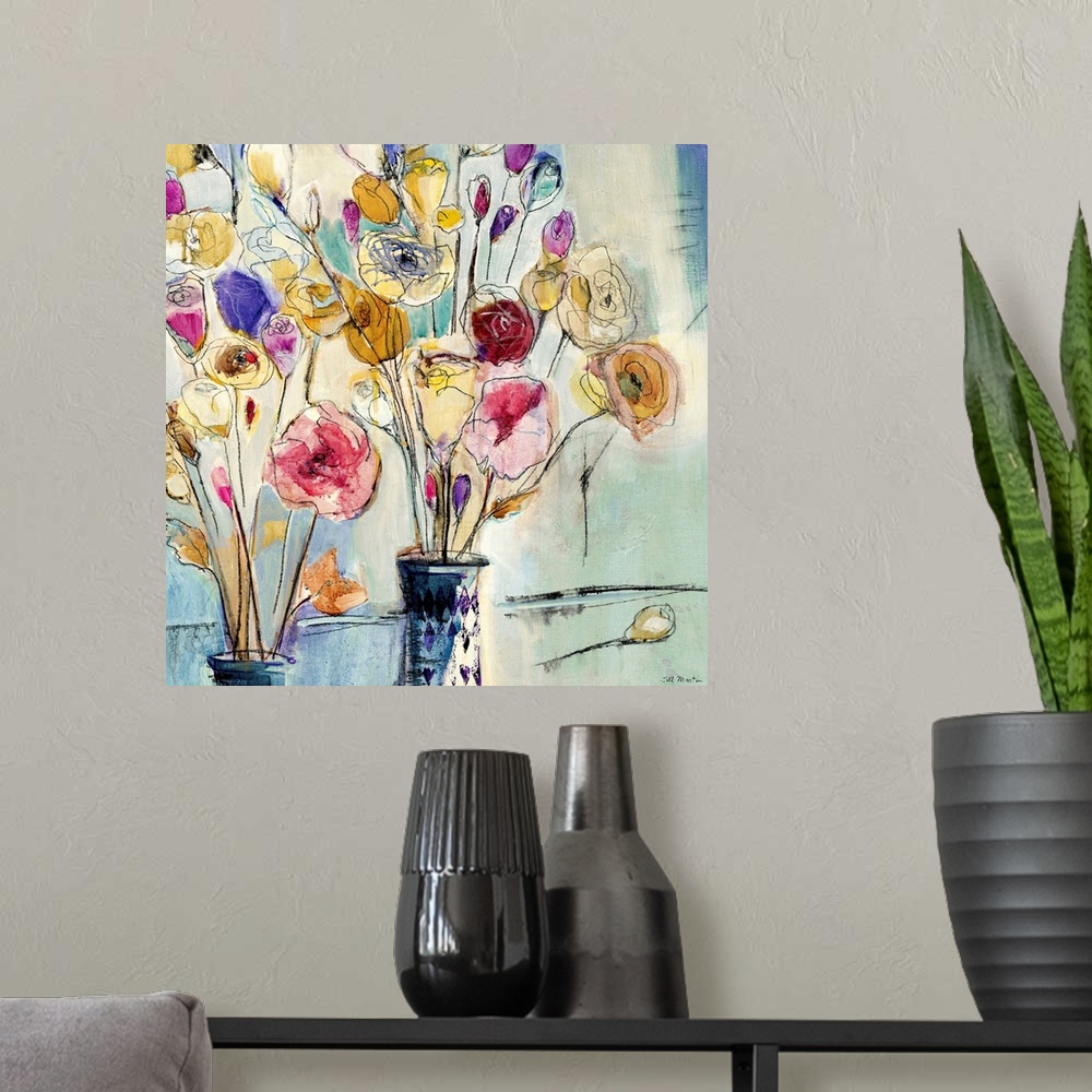 A modern room featuring Ink and watercolor artwork of flowers in vases printed on canvas.