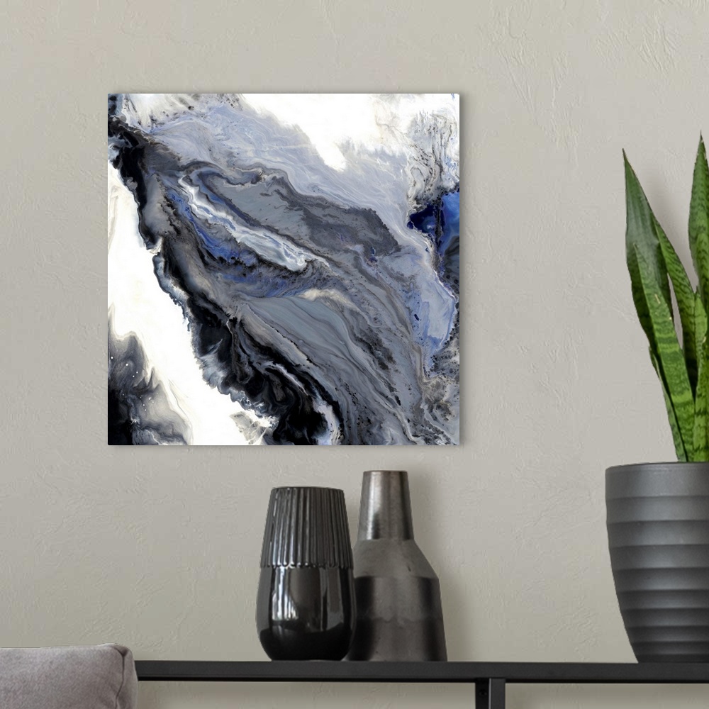 A modern room featuring Gray, white, blue, and black hues marbling together on a square canvas.