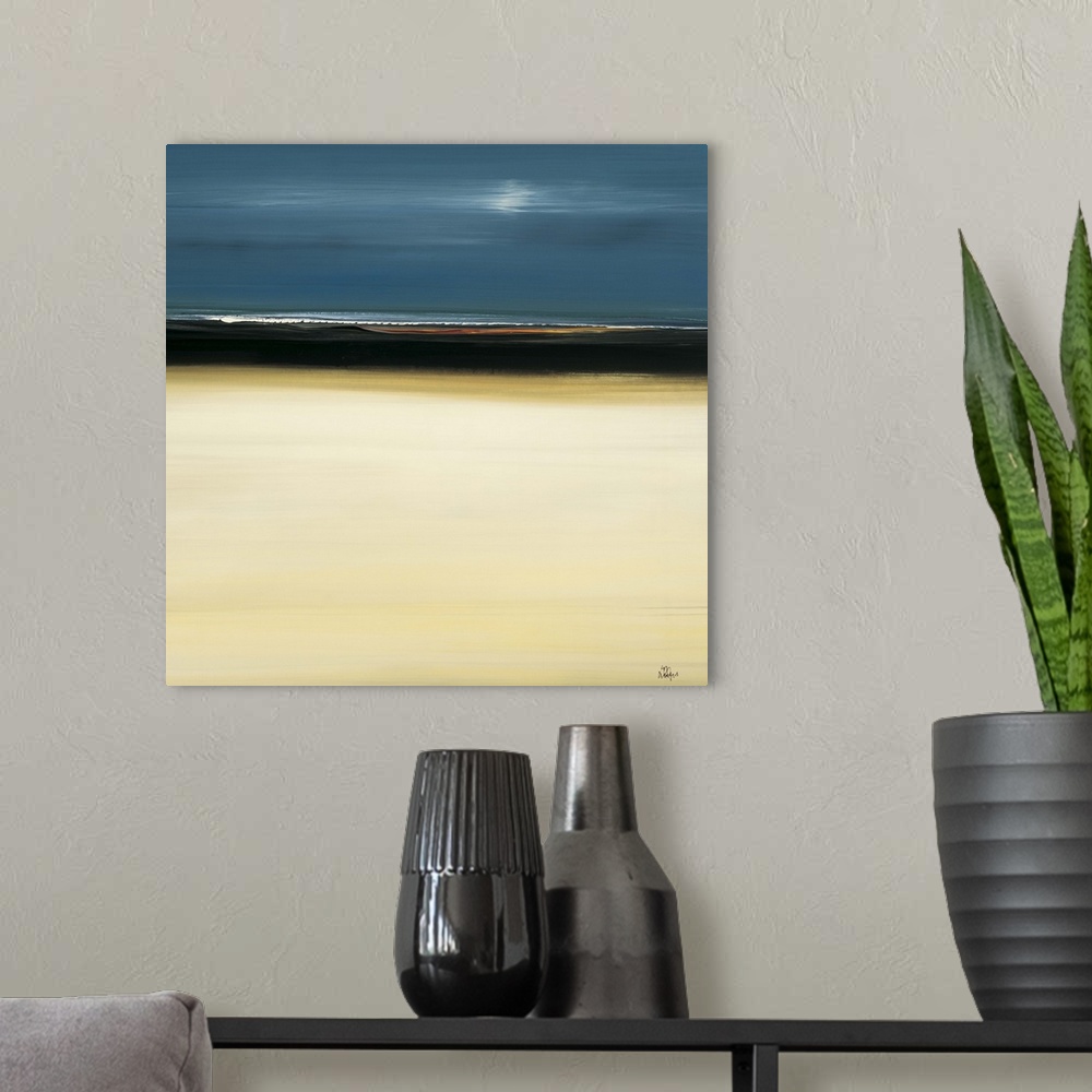 A modern room featuring A contemporary abstract painting using dark blue at the top of the image and beige at the bottom.