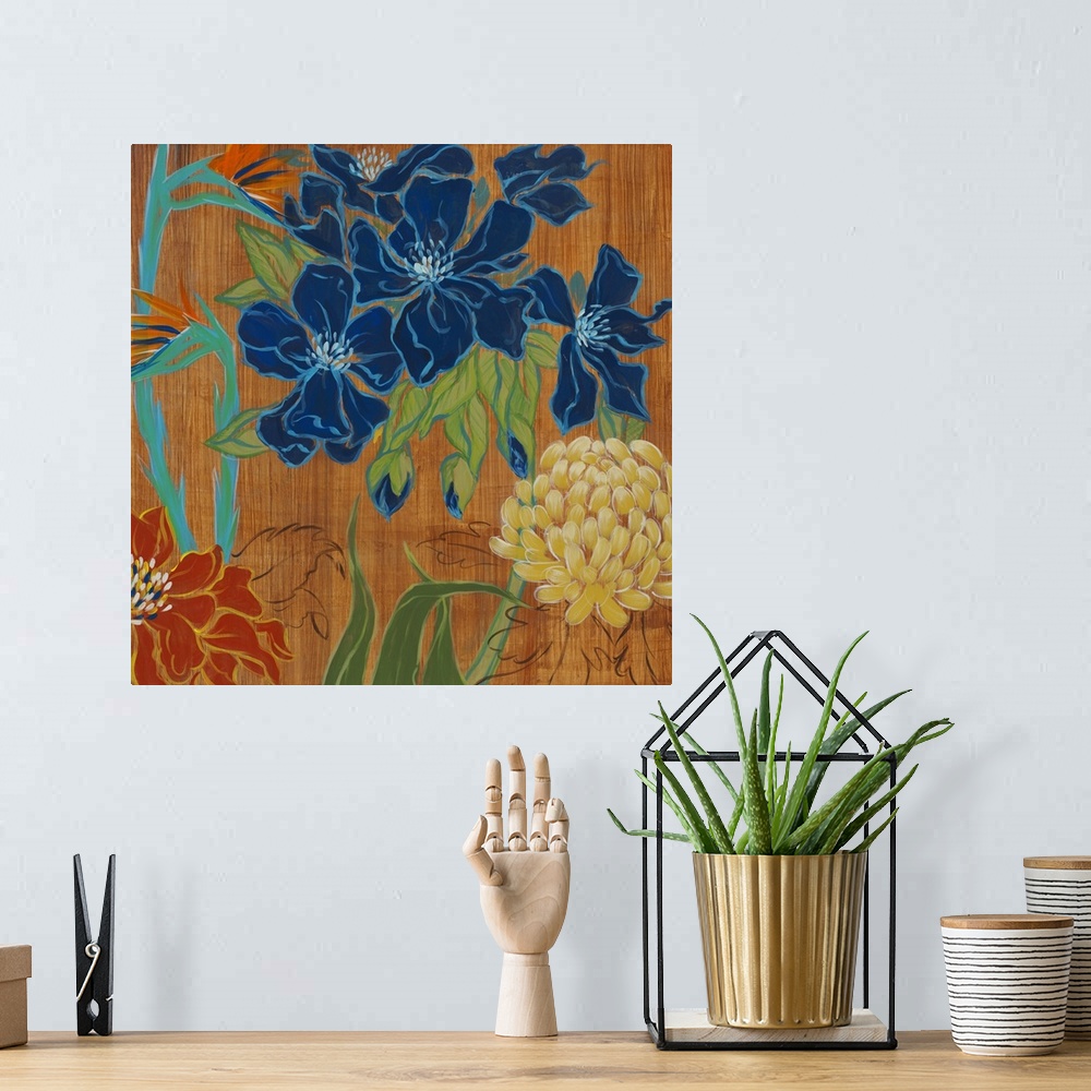 A bohemian room featuring A square abstract painting of large flowers and leaves in bold primary colors on a brown streaked...