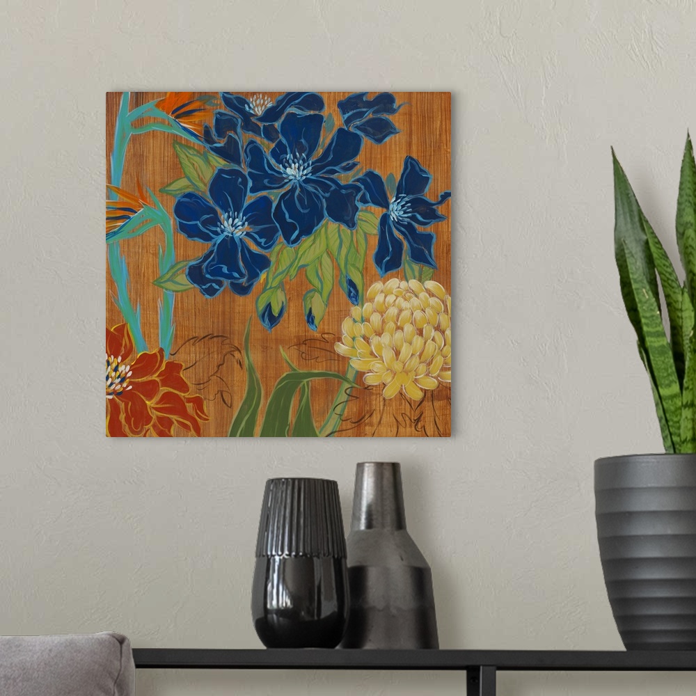 A modern room featuring A square abstract painting of large flowers and leaves in bold primary colors on a brown streaked...