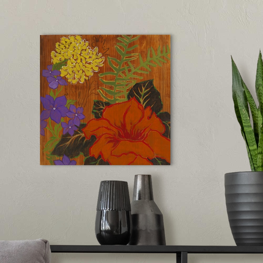 A modern room featuring A square abstract painting of large flowers and leaves in bold primary colors on a brown streaked...