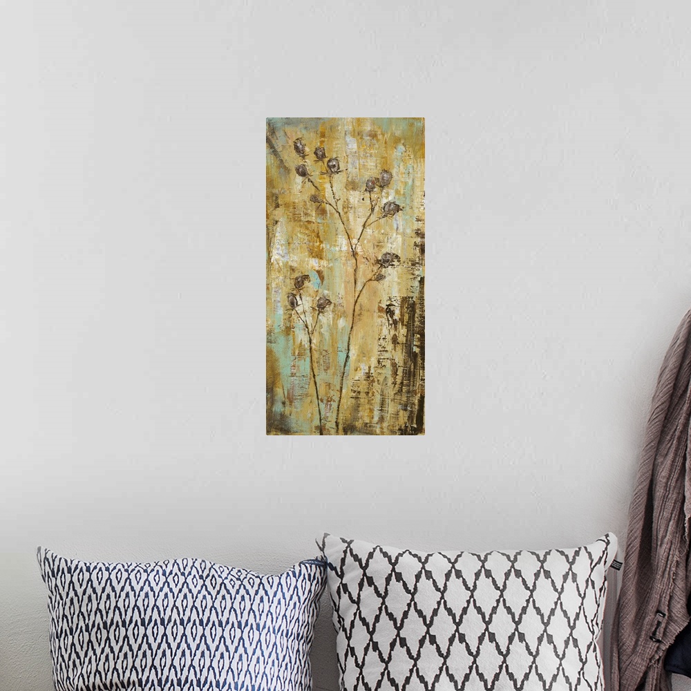 A bohemian room featuring Contemporary painting of a stem of flowers against a neutral background.