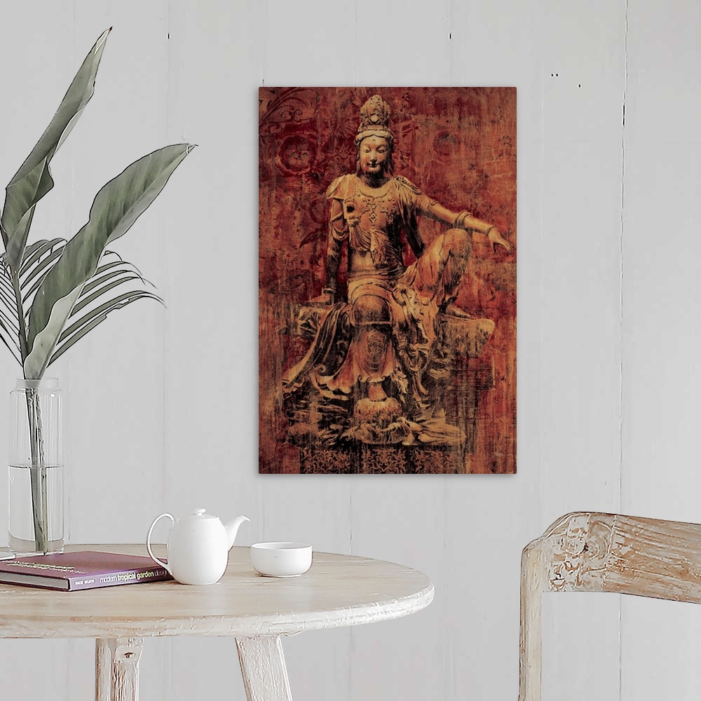 A farmhouse room featuring Contemporary painting of an ancient looking statue of Buddha.