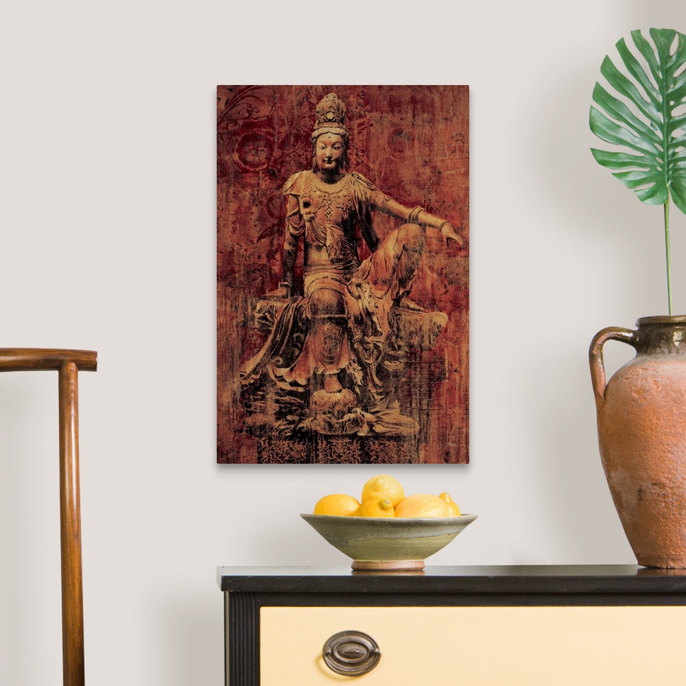 A traditional room featuring Contemporary painting of an ancient looking statue of Buddha.