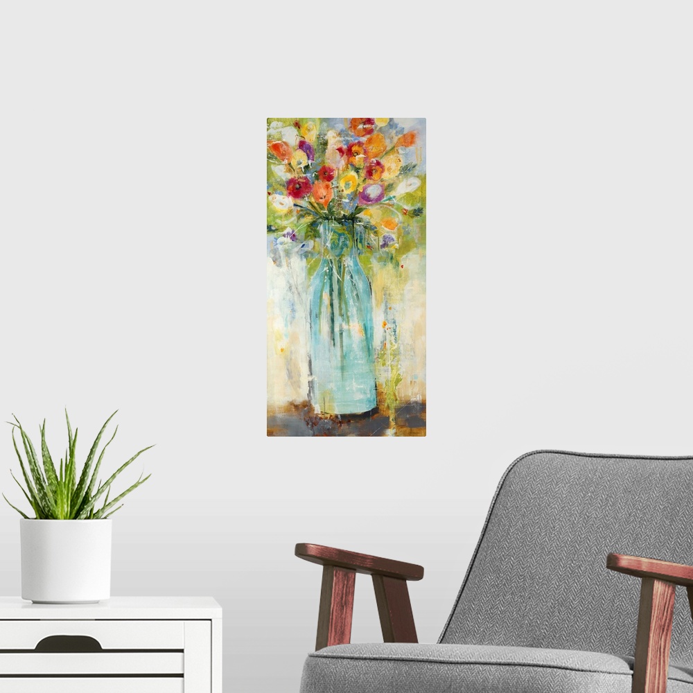 A modern room featuring Large panel painting of colorful wildflowers in a glass vase.