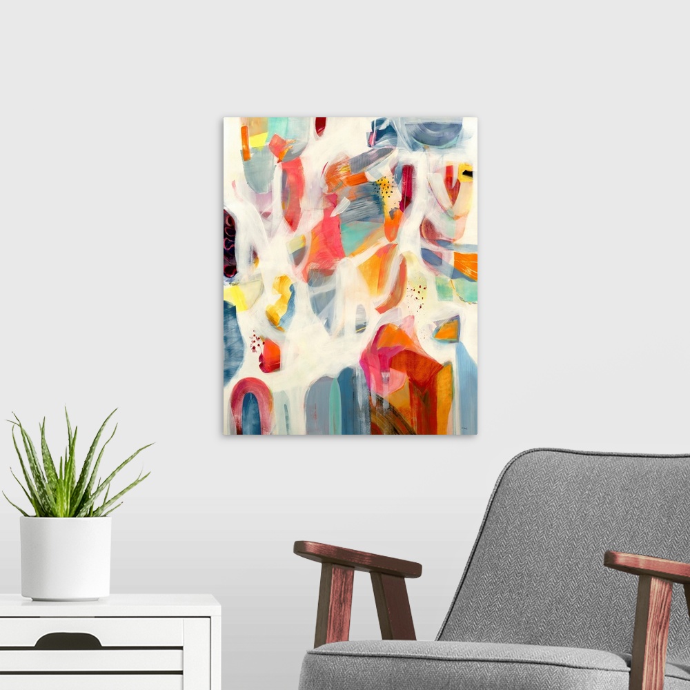 A modern room featuring A bright, lively, feminine, contemporary abstract in pinks, oranges and teal shades interspersed ...