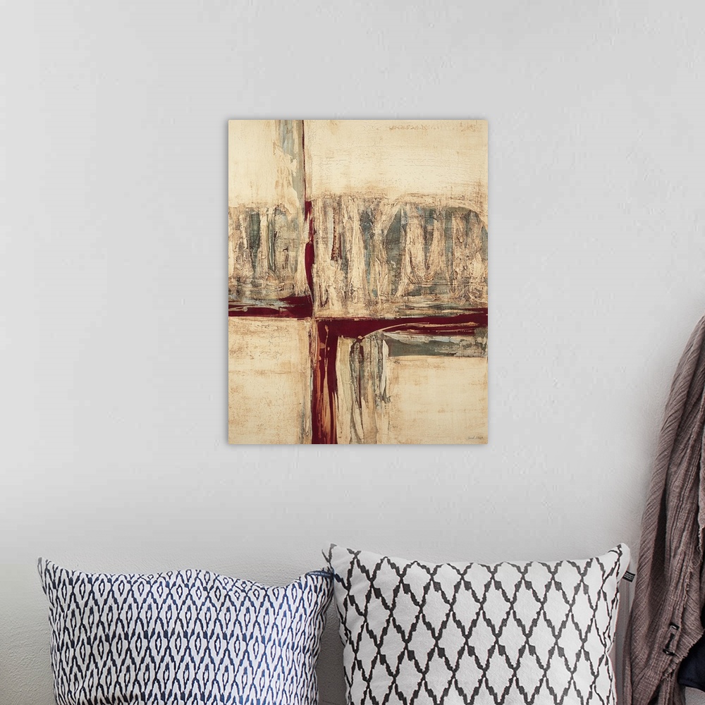 A bohemian room featuring Contemporary abstract painting using neutral tones mixed with vibrant warm tones.