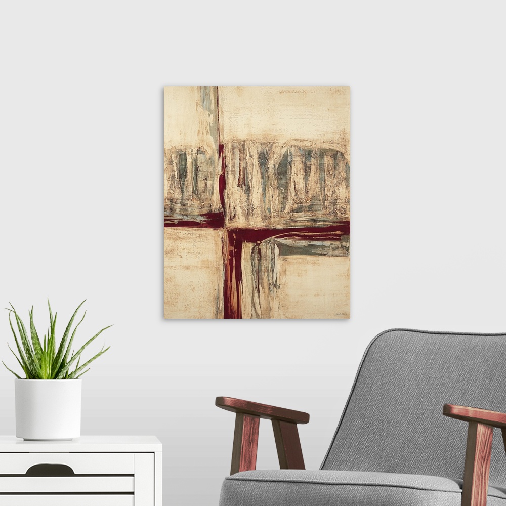 A modern room featuring Contemporary abstract painting using neutral tones mixed with vibrant warm tones.