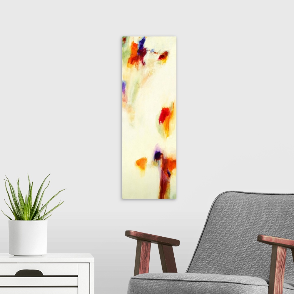 A modern room featuring Contemporary abstract painting using splashes of red and orange  against a beige background.