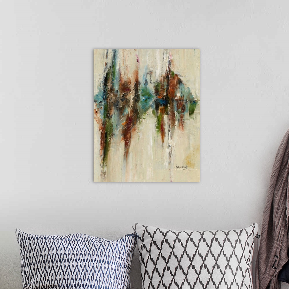 A bohemian room featuring Large abstract painting created with textured earth tones.