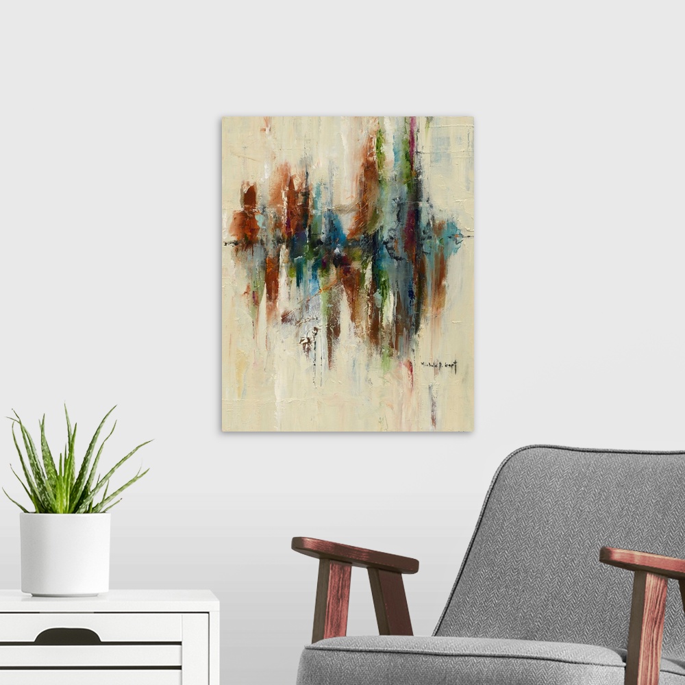 A modern room featuring Large abstract painting created with textured earth tones.