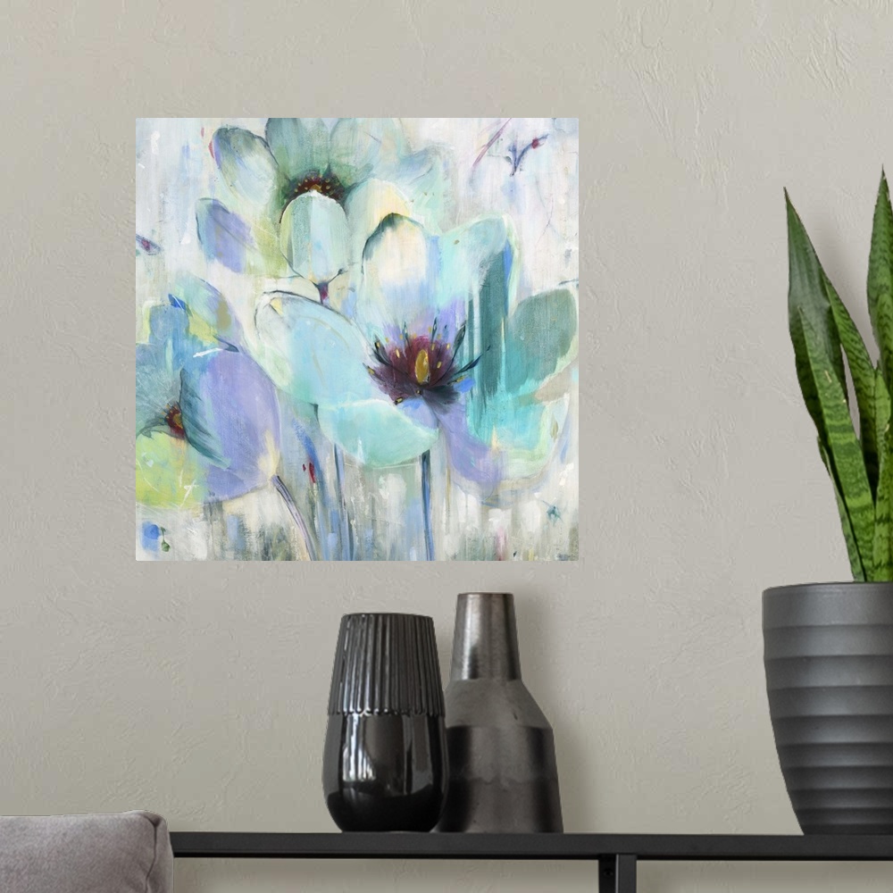 A modern room featuring A contemporary painting of aqua blue and teal flowers against an abstract colorful background.