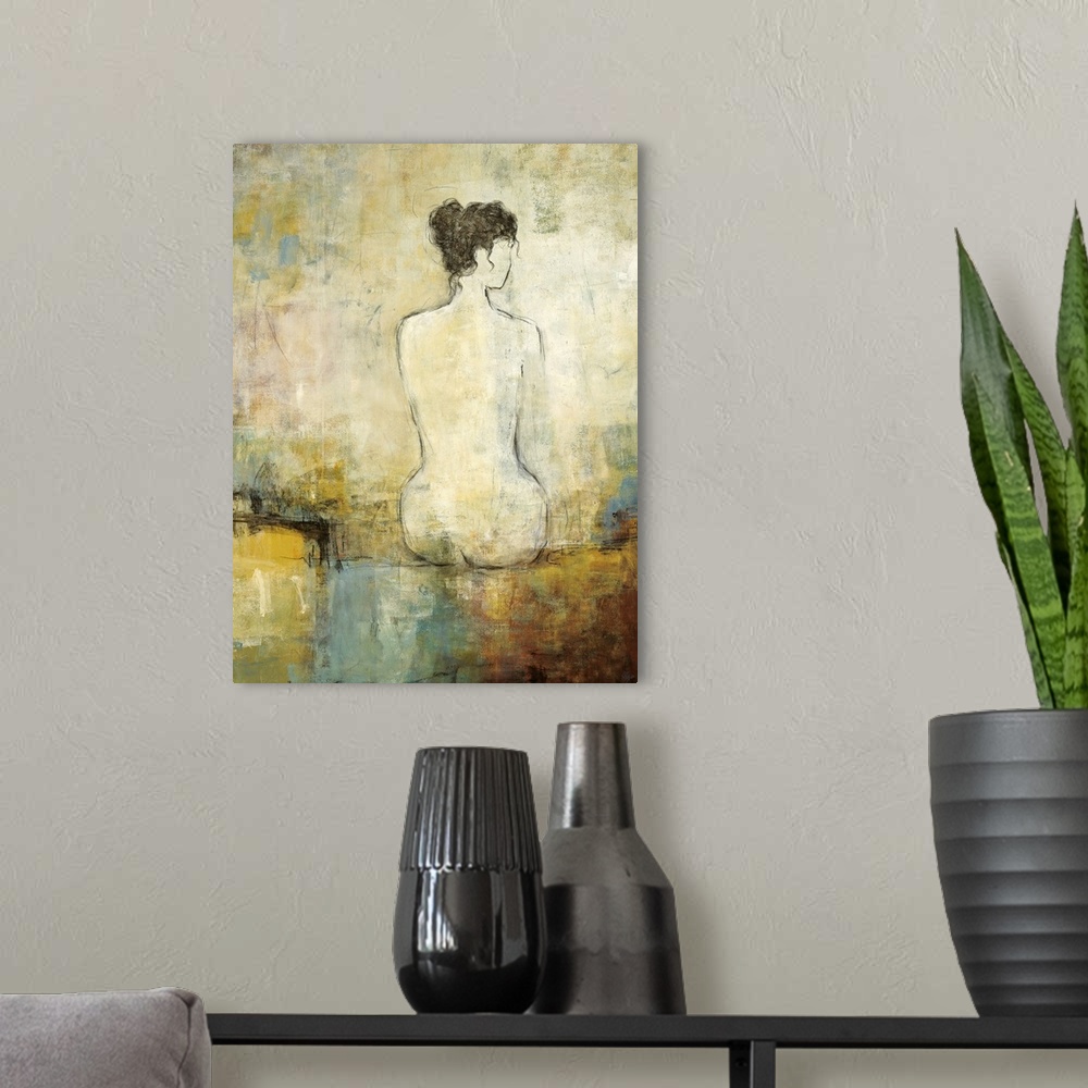 A modern room featuring Contemporary painting of woman's silhouette from behind that is sitting on a surface.
