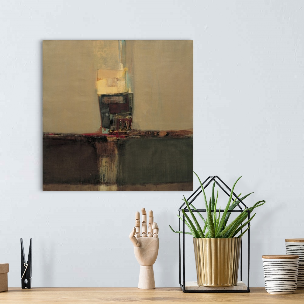 A bohemian room featuring Contemporary abstract painting using earth tones and geometric shapes.