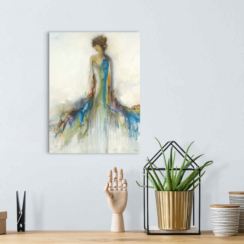 A bohemian room featuring Abstract portrait of the back of a woman with a long, colorful, flowing dress with the hues dripp...