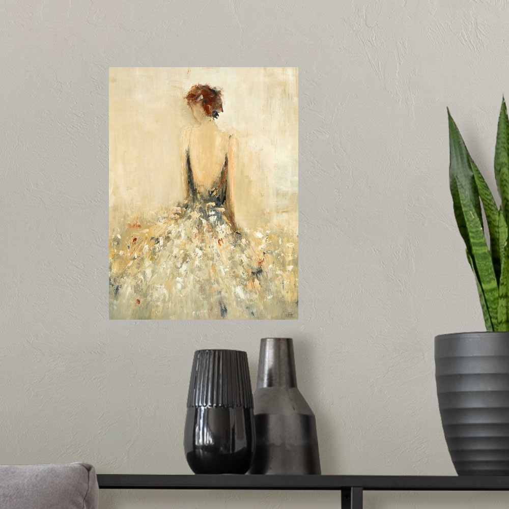 A modern room featuring Abstract painting of the back of a woman wearing a flowing gown in neutral tones.